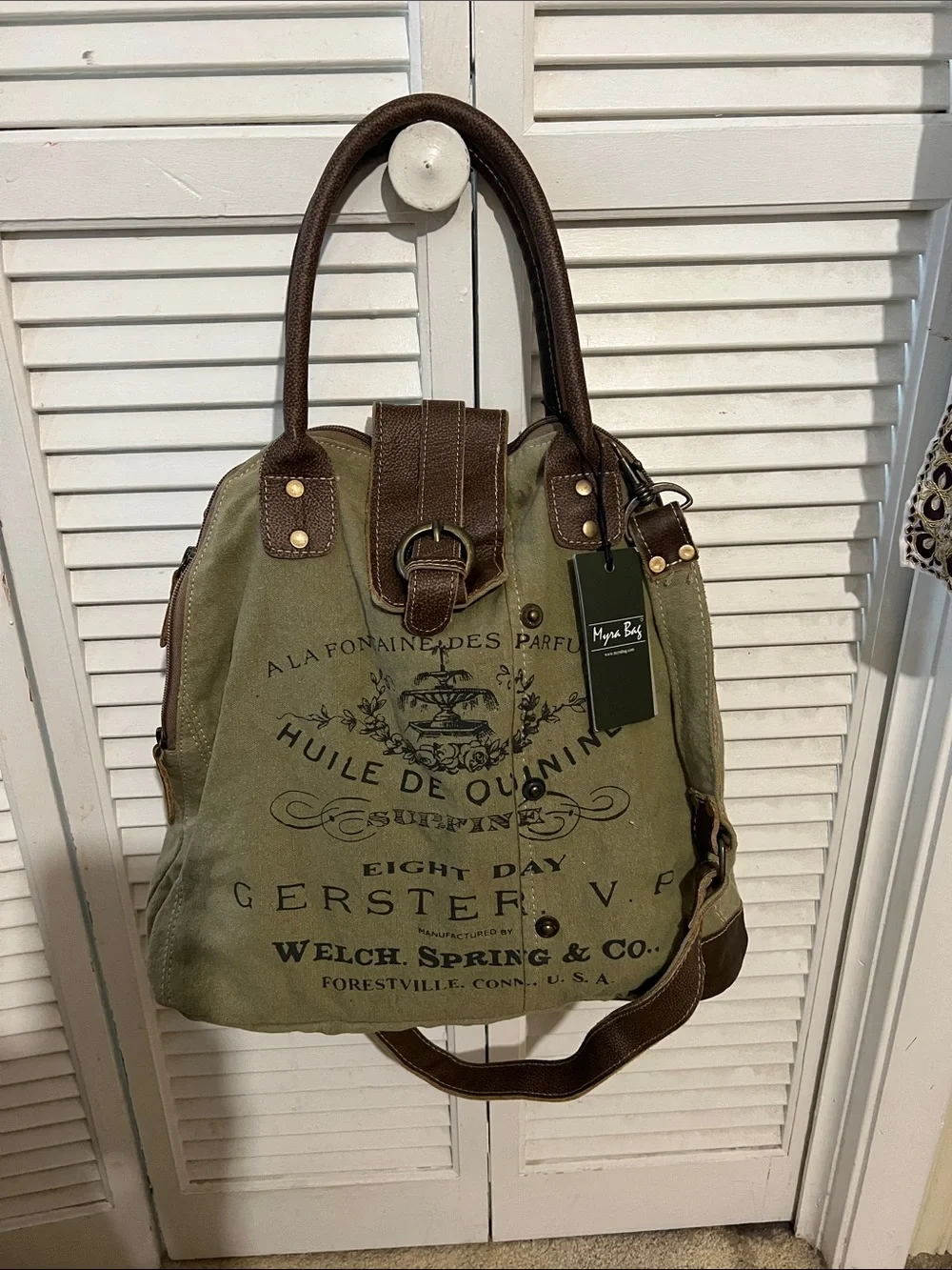 Canvas Messenger Bag in Olive Green with Brown Trim - Myra Bag